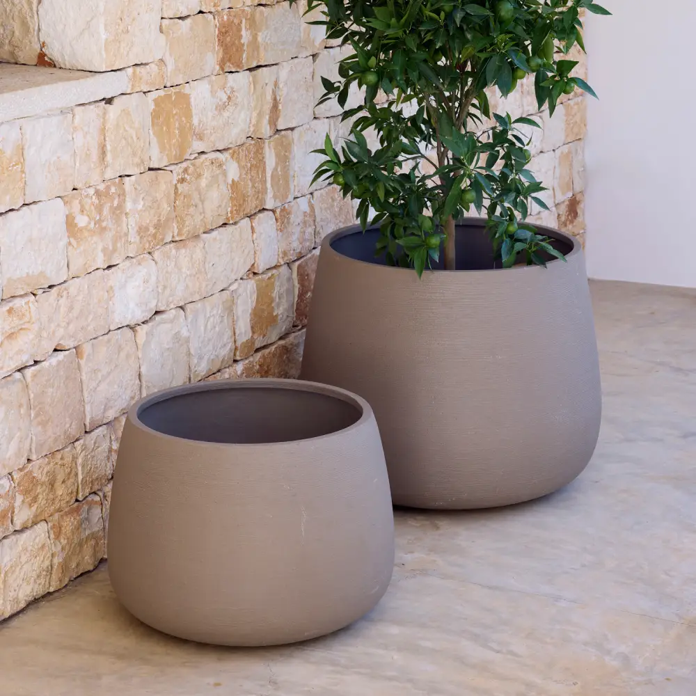Soil kruka rund mellan Taupe structure, fiberglas
